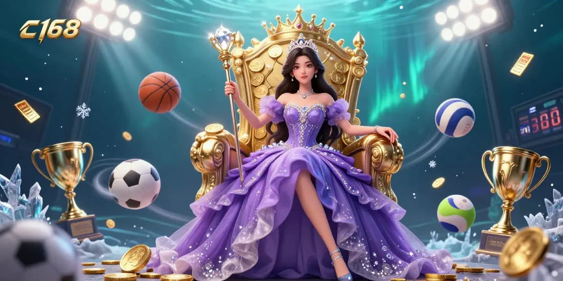 Experience thrilling gaming action with c168 as a beautiful Asian princess amidst dynamic sports elements.