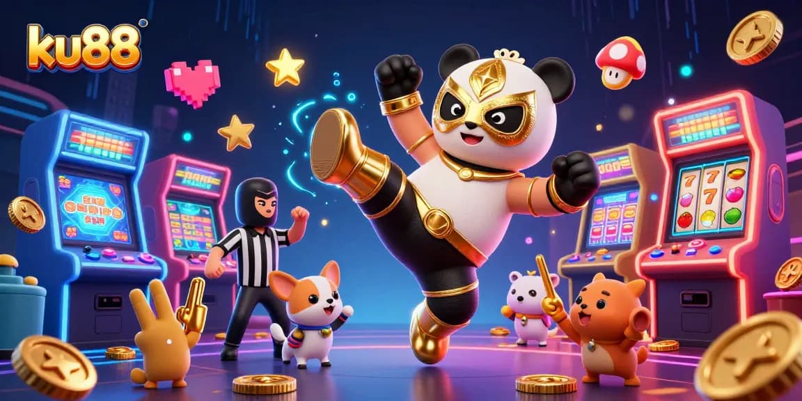 ku88 illustration featuring a panda wrestler launching a kick amidst dynamic casino elements.