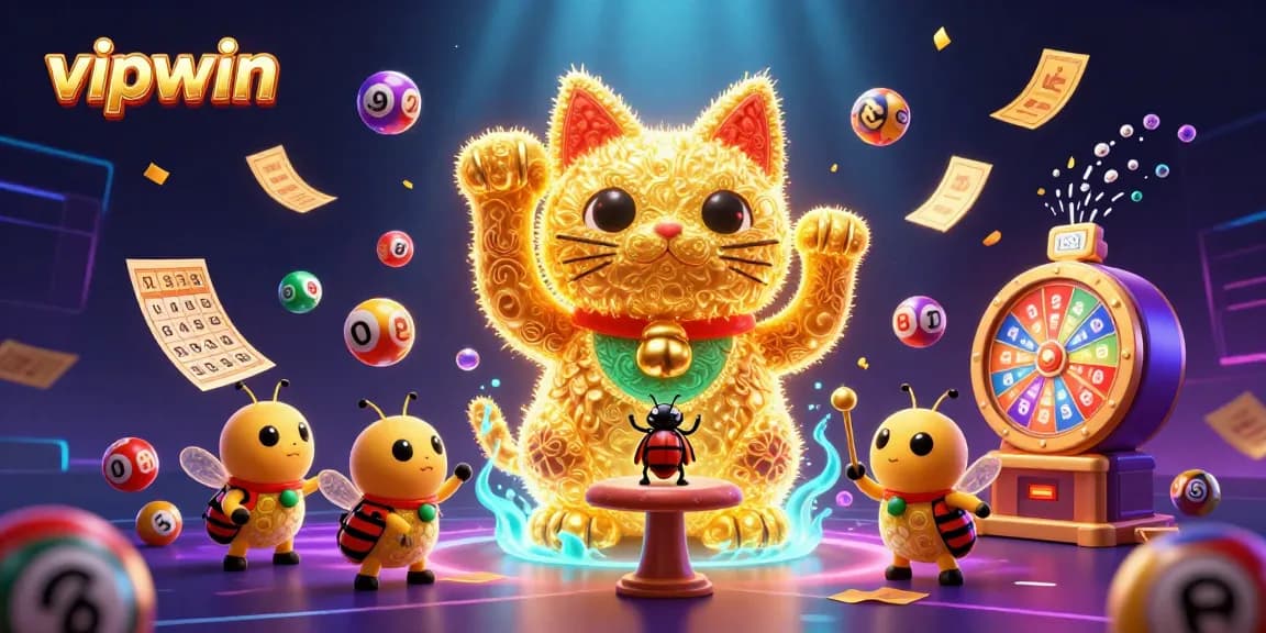 Experience the vibrant world of vipwin with a dynamic 3D illustration showcasing exciting casino symbols and game elements.