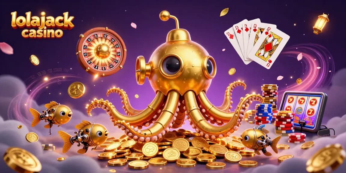 Experience thrilling gameplay at lolajack casino with a vibrant 3D illustration of a Kraken submarine amidst golden riches.