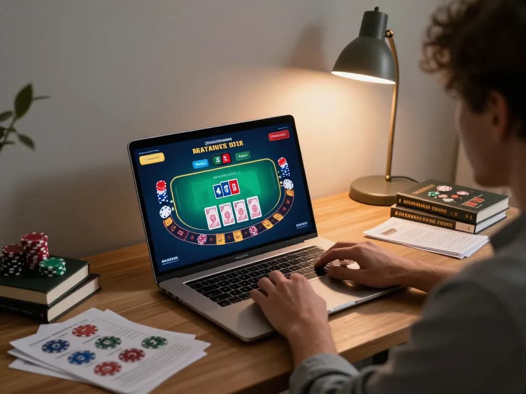 VA88 strategy session with laptop displaying online blackjack game in cozy home office