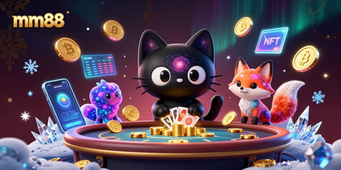 Win at mm88 casino with a colorful cosmic scene featuring a black hole cat pulling in cards and chips.