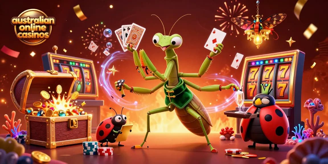 Engage with australian online casinos featuring a giant praying mantis card sharp and vibrant casino elements.