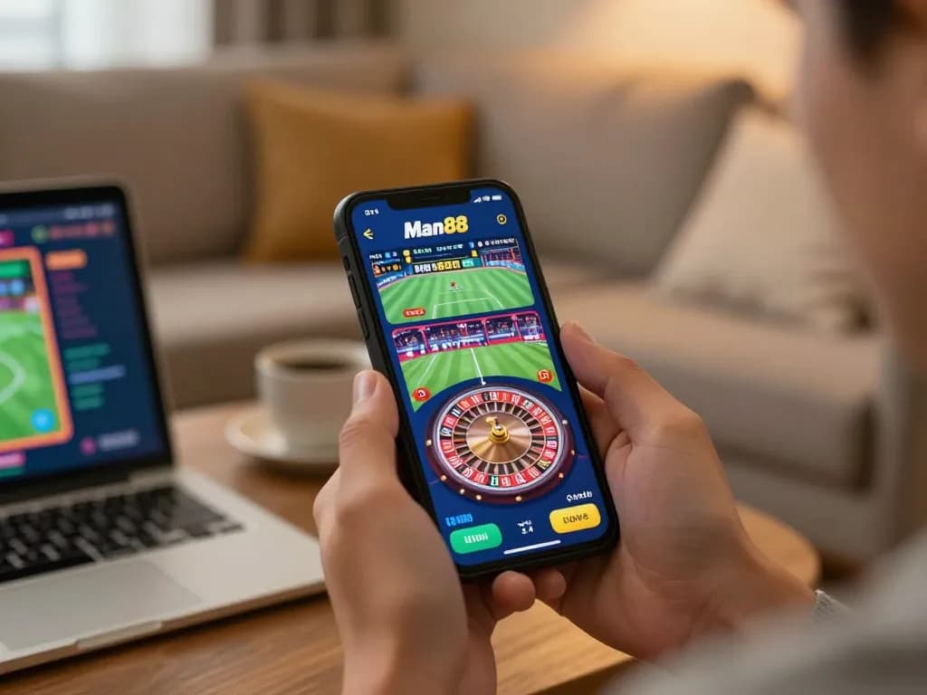 Engaging gameplay on the man88 app with a smartphone in a cozy home setting.