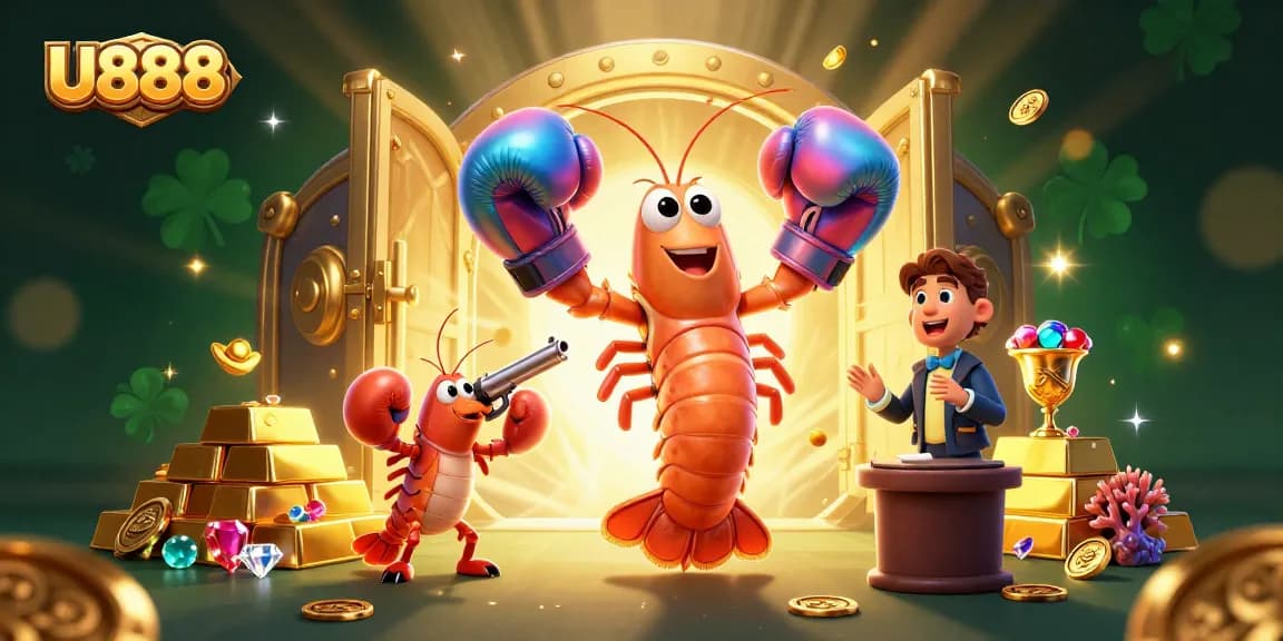Engage with U888's thrilling gaming adventures featuring cartoon mantis shrimp and treasure.