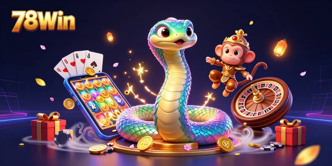 Engage in thrilling gameplay with 78Win featuring colorful slot games, coins, and lively characters in a vibrant casino scene.