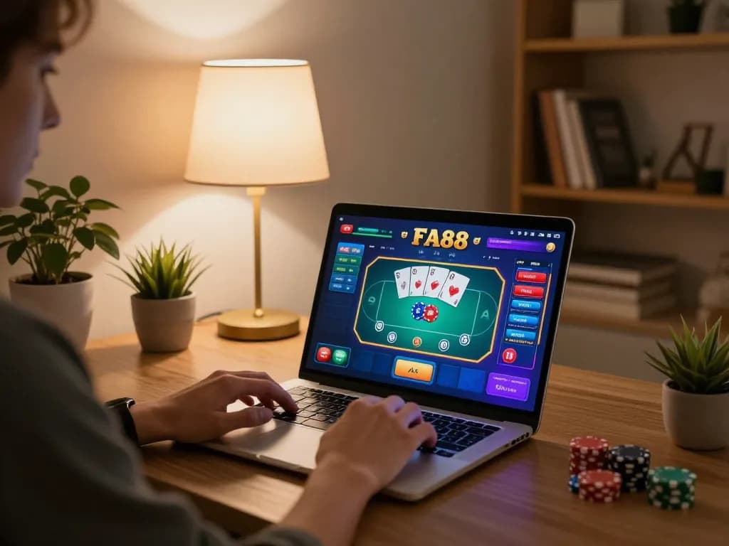 Engaging in a thrilling round of FA88 poker on a laptop in a cozy home setting.