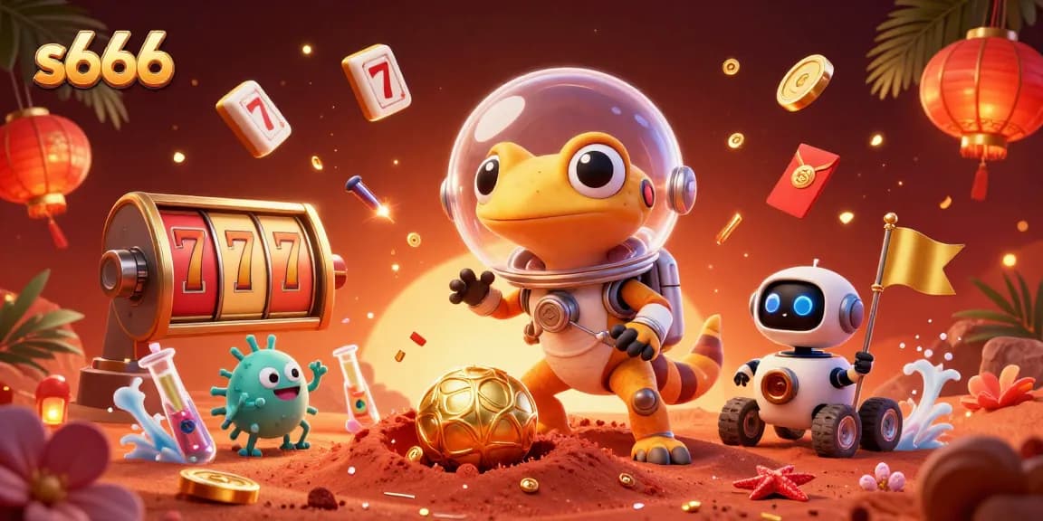 Experience the vibrant excitement of s666 casino with Martian gecko and golden slot machines.