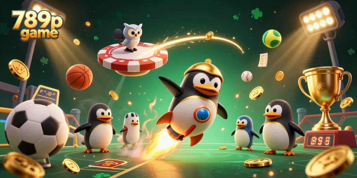 Engage in thrilling 789p game action with a dynamic golden penguin racing through a vibrant casino space
