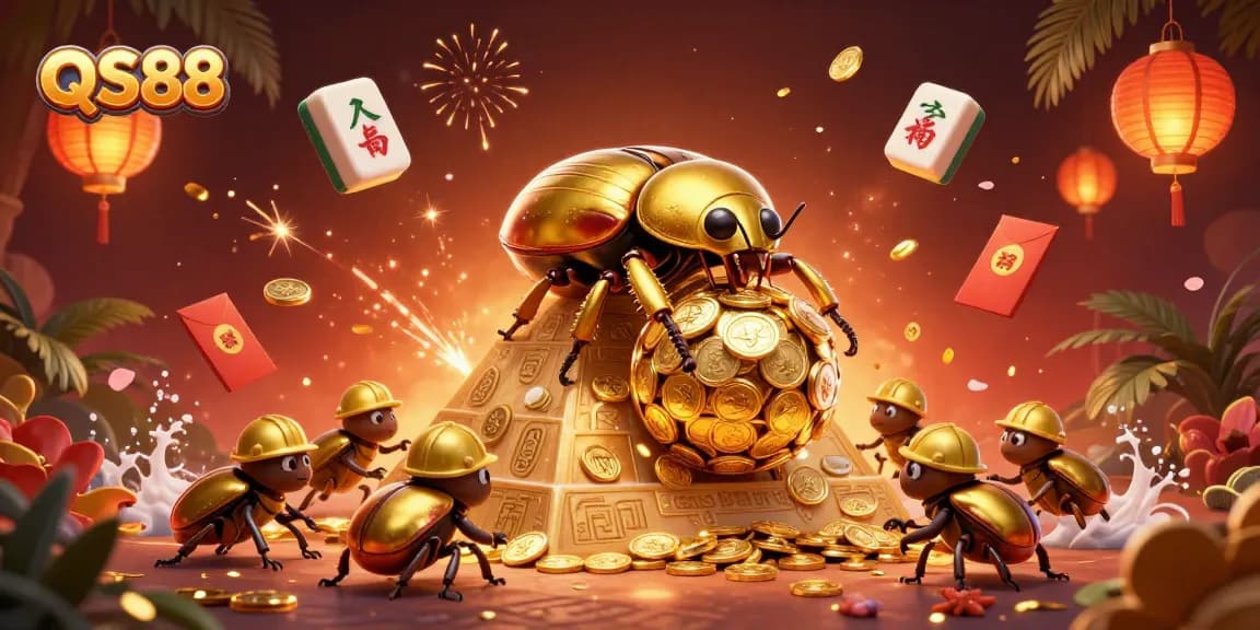Engage in thrilling gaming at QS88 featuring golden beetles and casino symbols amidst vibrant graphics.
