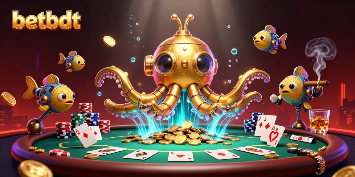 Experience the thrill of betting at betbdt with a vibrant 3D illustration of a kraken submarine amidst poker elements.