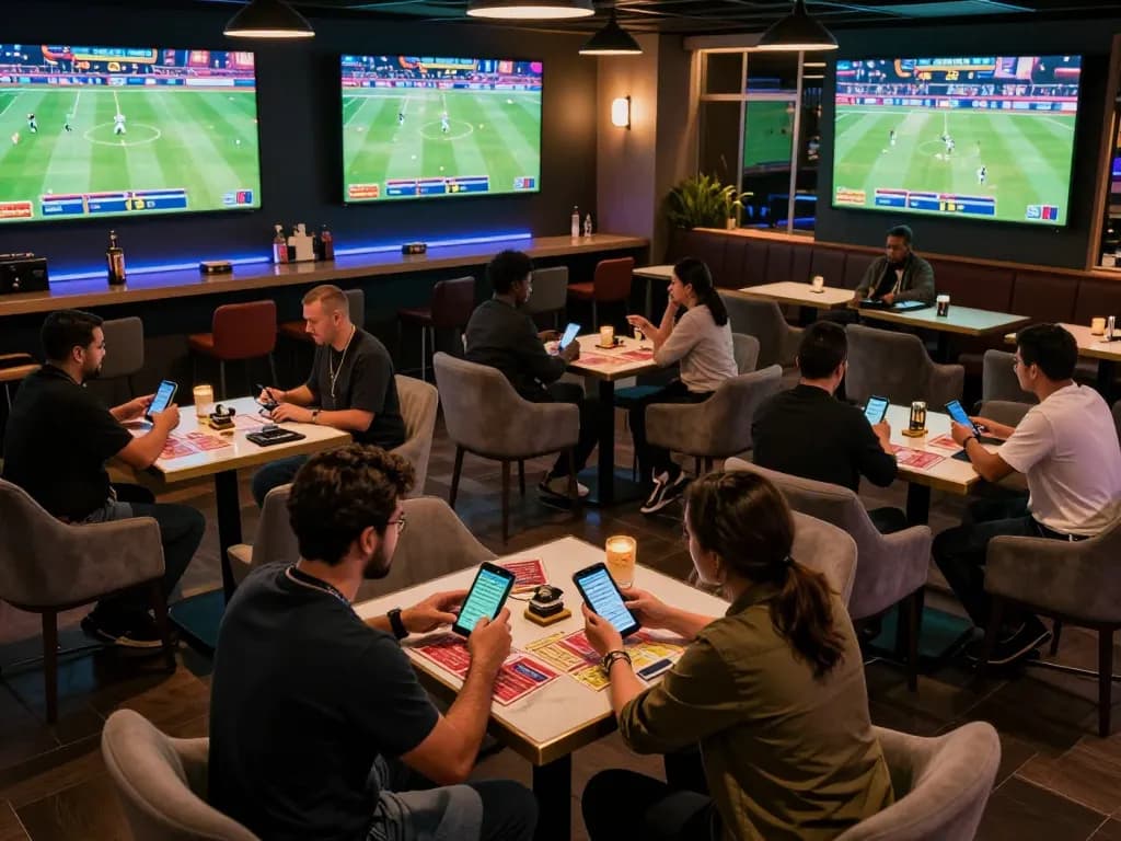 Parieurs engagés dans un salon sportif animé utilisant le paris sportif virement instantané pour placer des paris sur des événements en direct