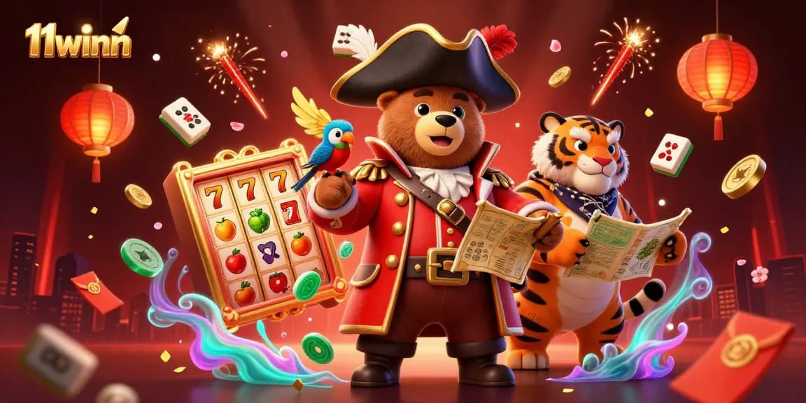Players explore exciting games at 11winn, led by a pirate captain bear and his tiger mate amidst slot reels and golden treasures.