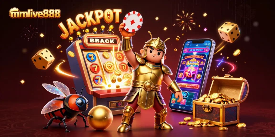 Engage in thrilling mmlive888 gaming with vibrant characters and jackpot elements bursting in this 3D illustration.