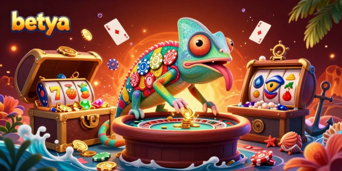 Engage with betya, featuring a chameleon casino owner in a dynamic 3D illustration packed with casino games.