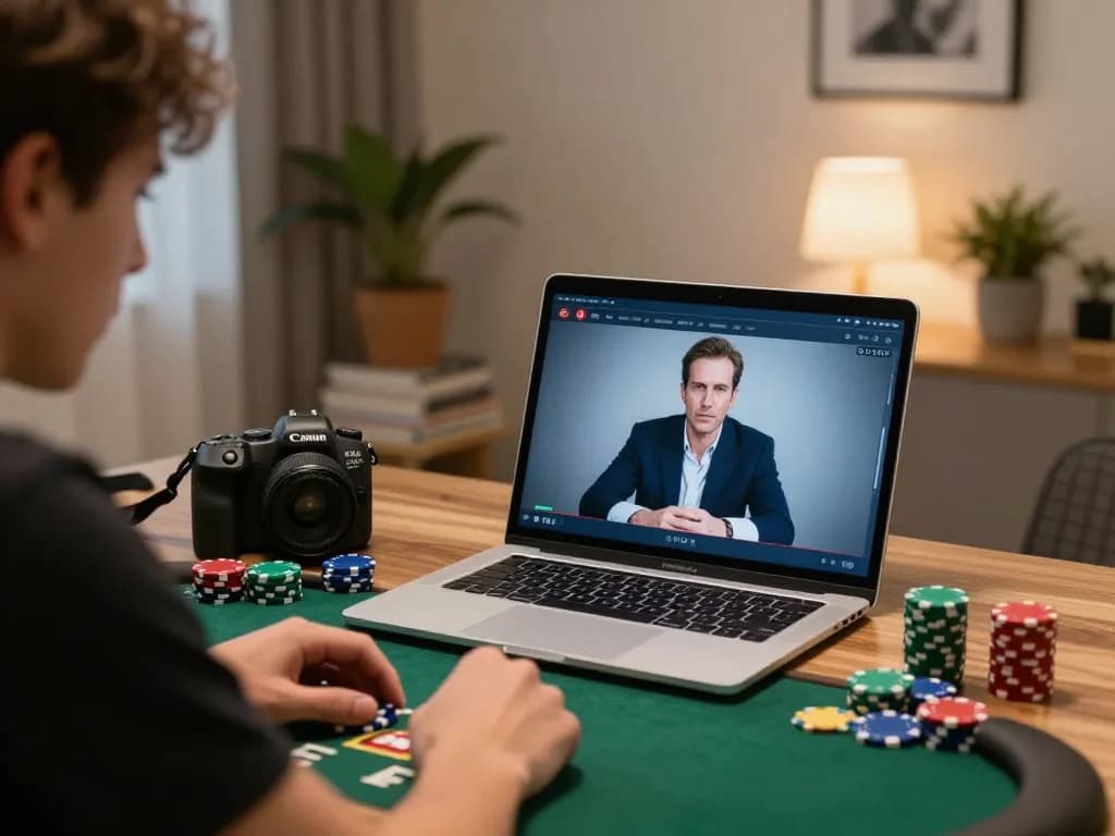 Exciting online poker gameplay on rr88co laptop in a cozy home office setting.