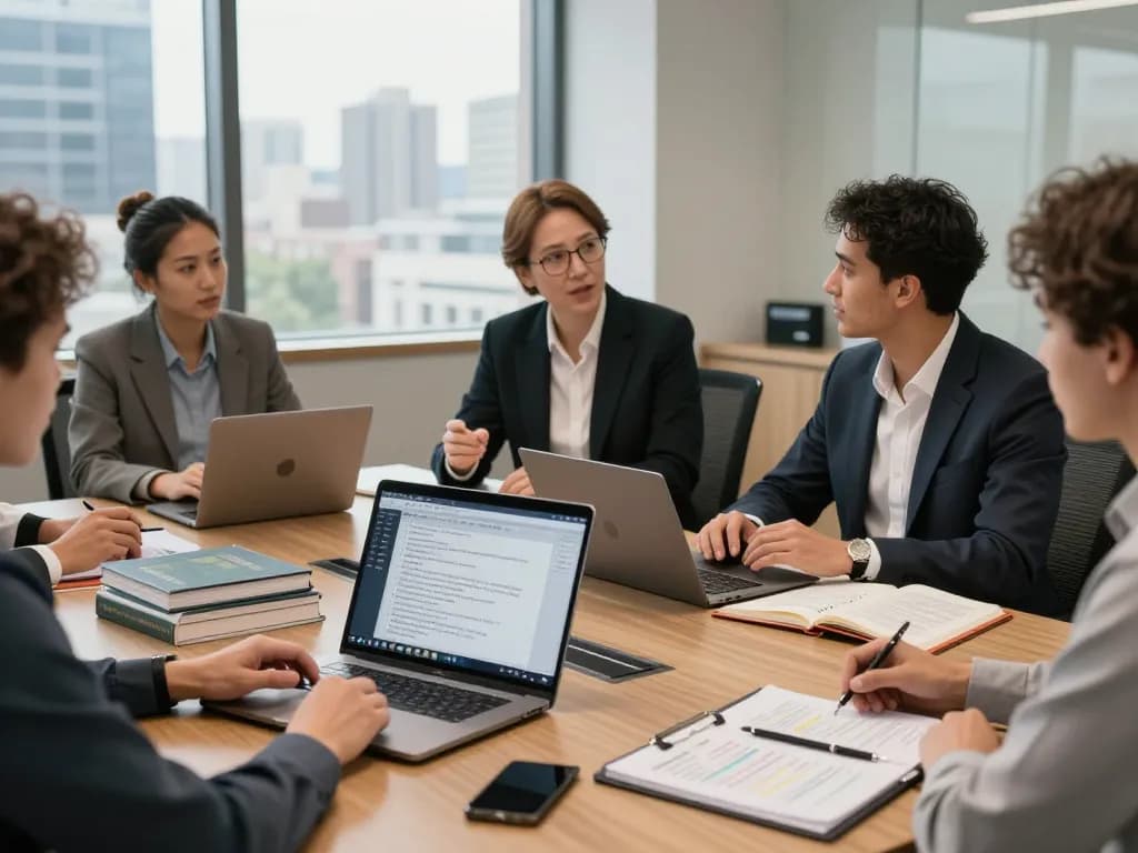 Translation services team collaborating in a boardroom with multilingual documents.