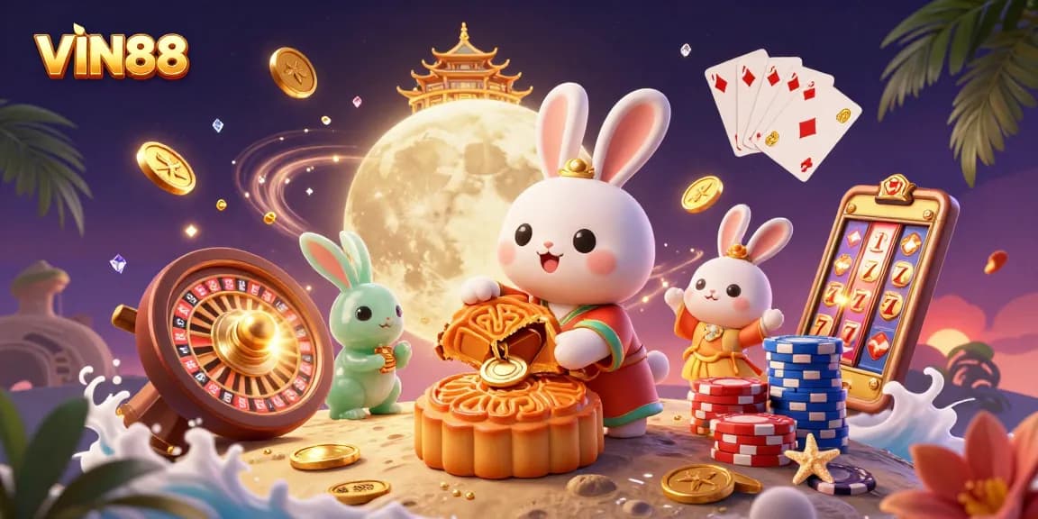 Experience VIN88's vibrant moon rabbit casino adventure with golden coins, poker chips, and roulette!