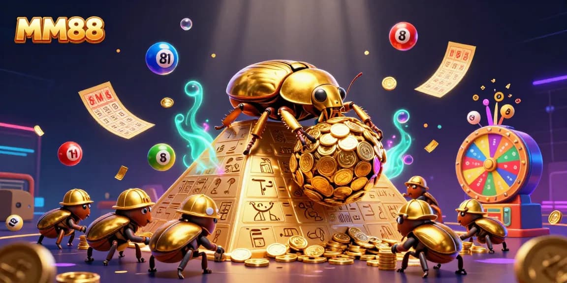 Roll the massive golden dung beetle up a pyramid in the vibrant MM88 casino illustration