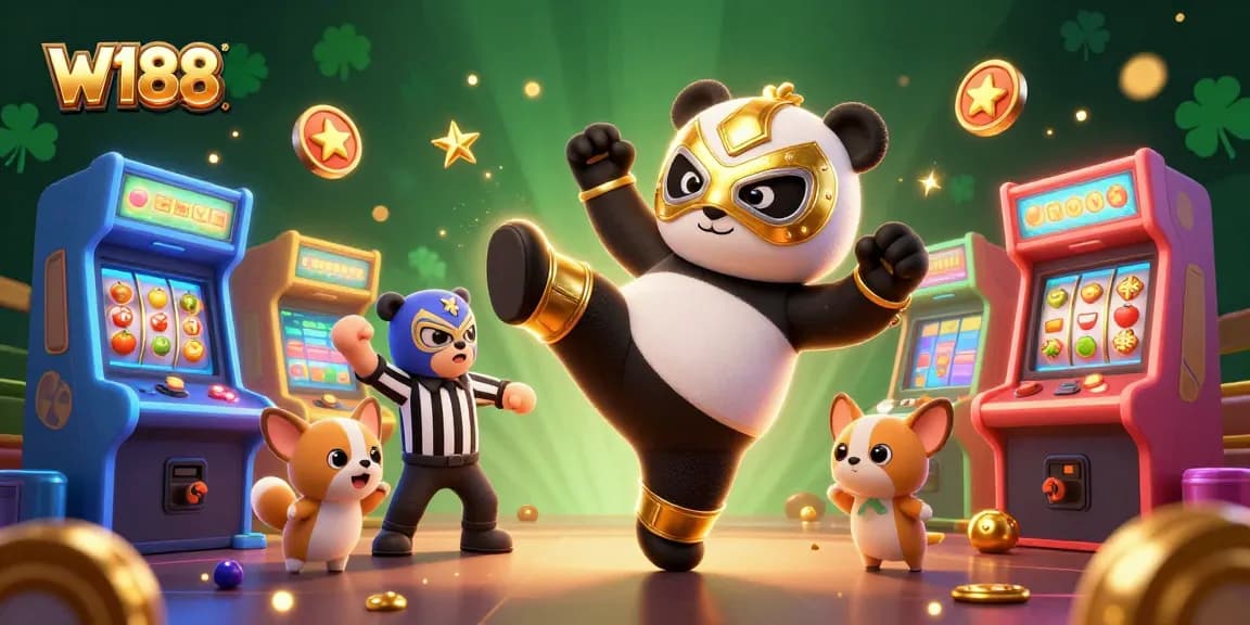 Experience thrilling fun with W188 casino slots featuring a panda wrestler and lively spectators.