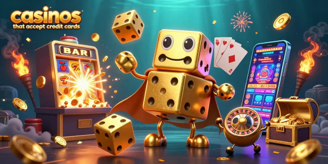 Engaging scene with a golden dice golem representing casinos that accept credit cards, amidst a jackpot explosion.