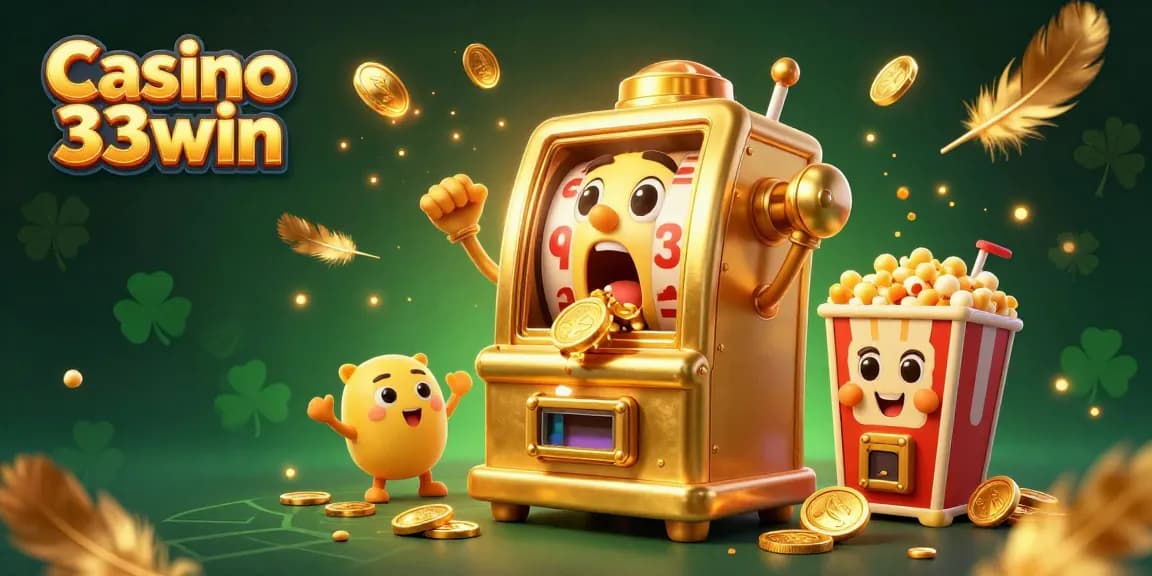 Casino 33win showcases a lively jackpot scene with golden slot machines and overflowing coins.