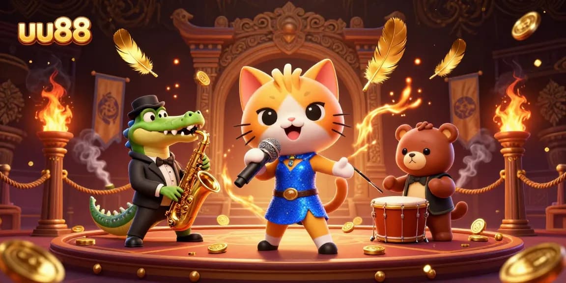 uu88 captivates players with an exciting casino scene featuring vibrant characters and golden gaming elements.
