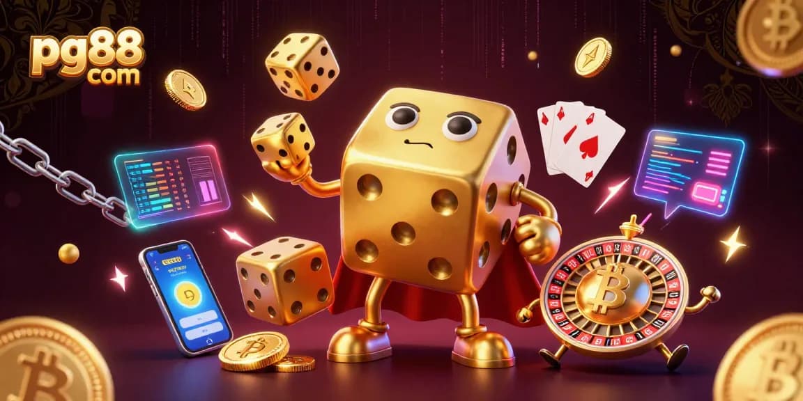 Play exciting games at pg88 com with a vibrant 3D illustration of a golden dice golem.
