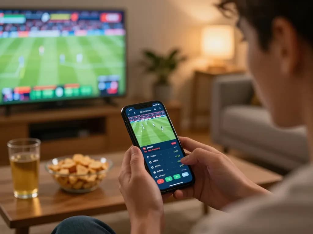 Cwin sports betting app in use during live football match, emphasizing real-time wagering excitement.