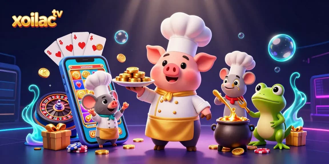 Xoilac TV showcases a vibrant scene of award-winning chefs and critics amidst a casino gaming fiesta, with gold coins and excitement.