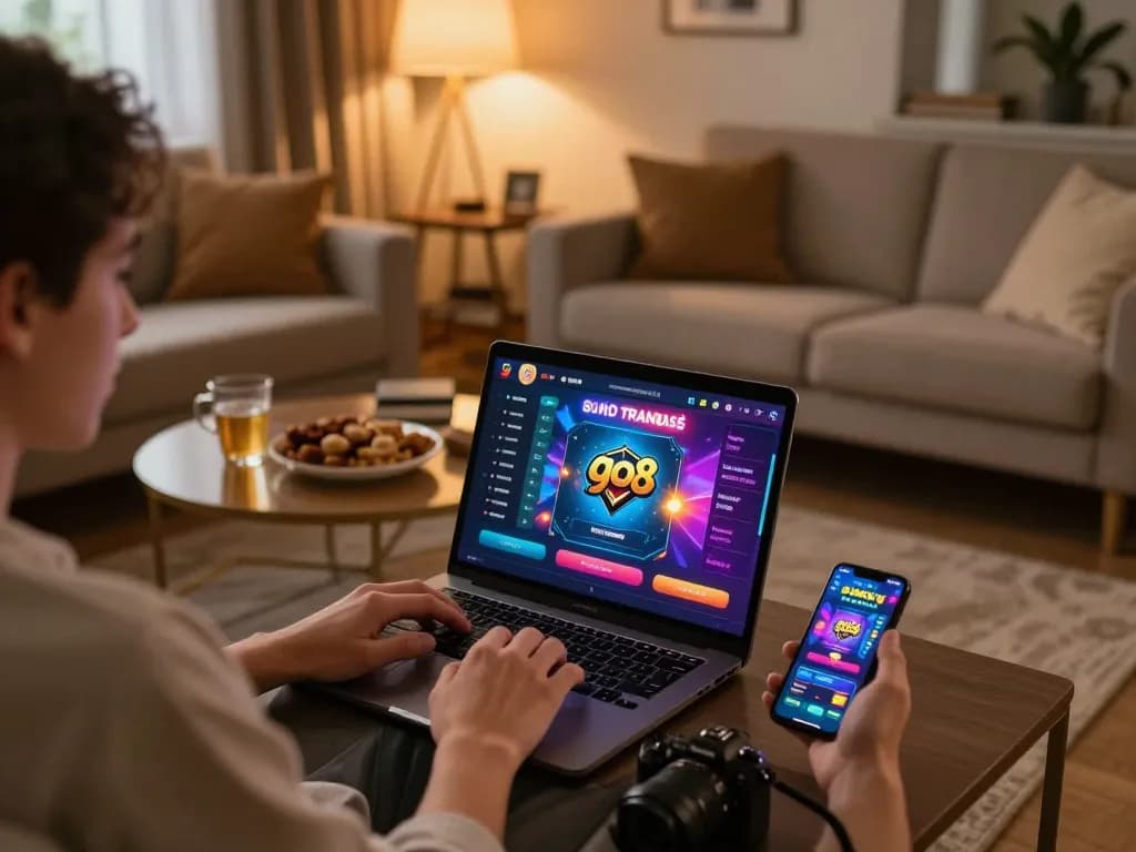 Gambling on go8 trang chủ from a cozy living room setup with laptop and smartphone.