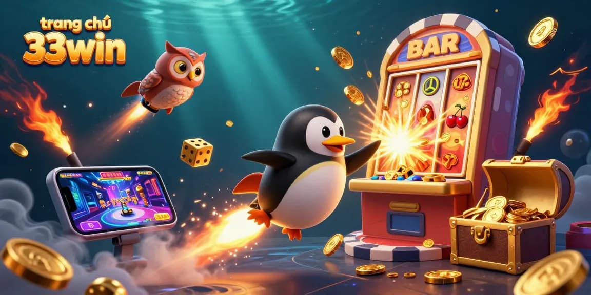 Experience an exhilarating jackpot adventure with the trang chủ 33win rocket-powered penguin and slot machine explosion amidst vibrant casino elements.