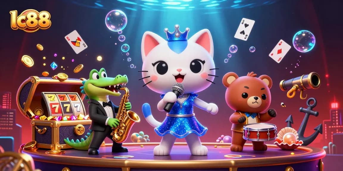 Experience thrilling gaming with lc88 at a vibrant casino stage showcasing unique characters and lavish slot elements.