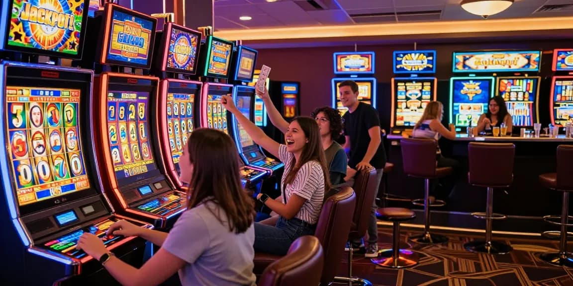 Players enjoying เว็บสล็อตเว็บตรงแท้ in a lively casino environment filled with colorful slot machines and excitement.