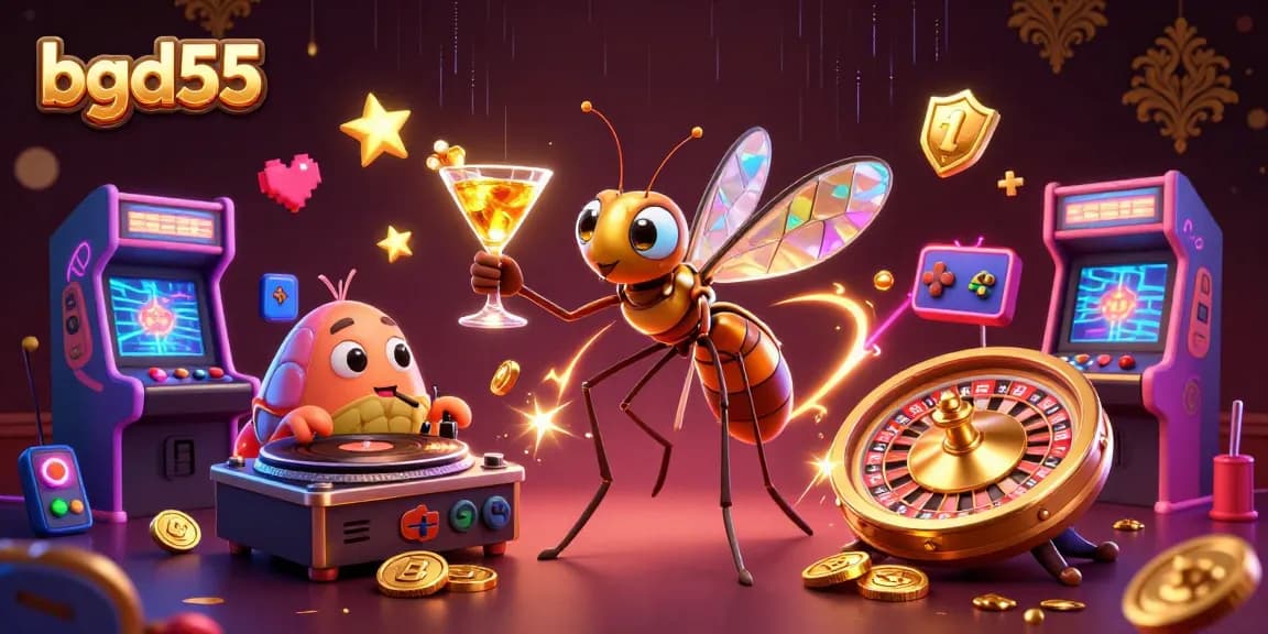 Engage in bgd55's thrilling gaming world featuring vibrant casino elements and cartoon mascots.