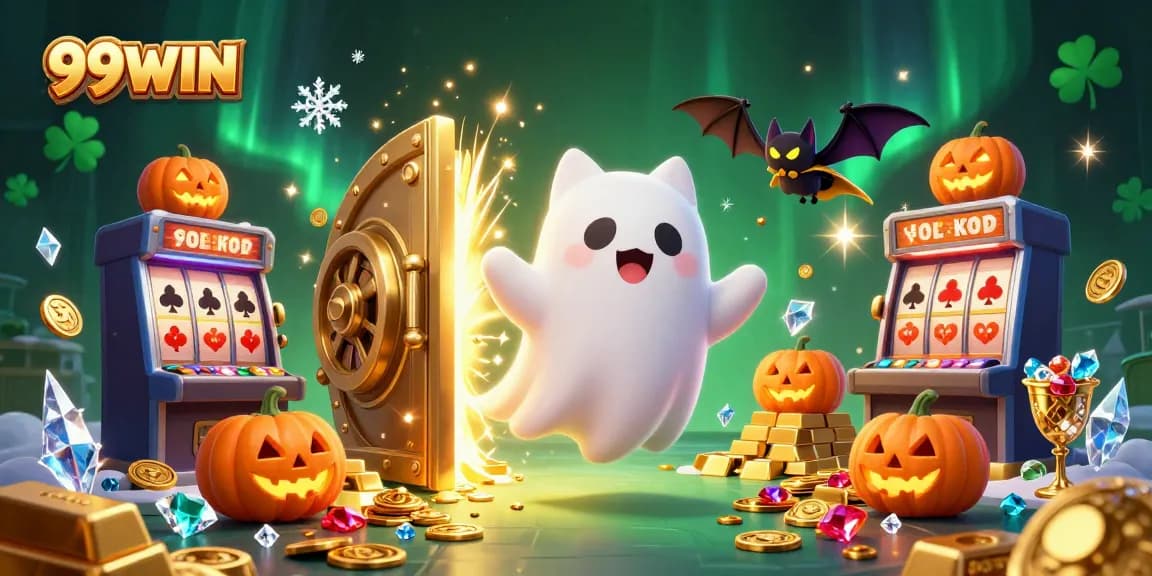 Experience the enchanting world of 99WIN as a ghost cat and bat uncover treasures and games.