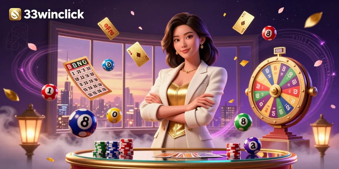 Engage with thrilling games at 33winclick's vibrant casino scene featuring a glamorous card player and dynamic lottery elements.