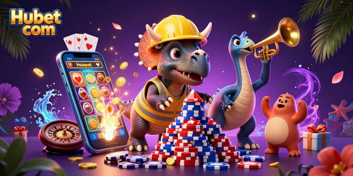 Experience excitement with Hubet com’s vibrant casino illustration featuring lively characters building poker chip pyramids.