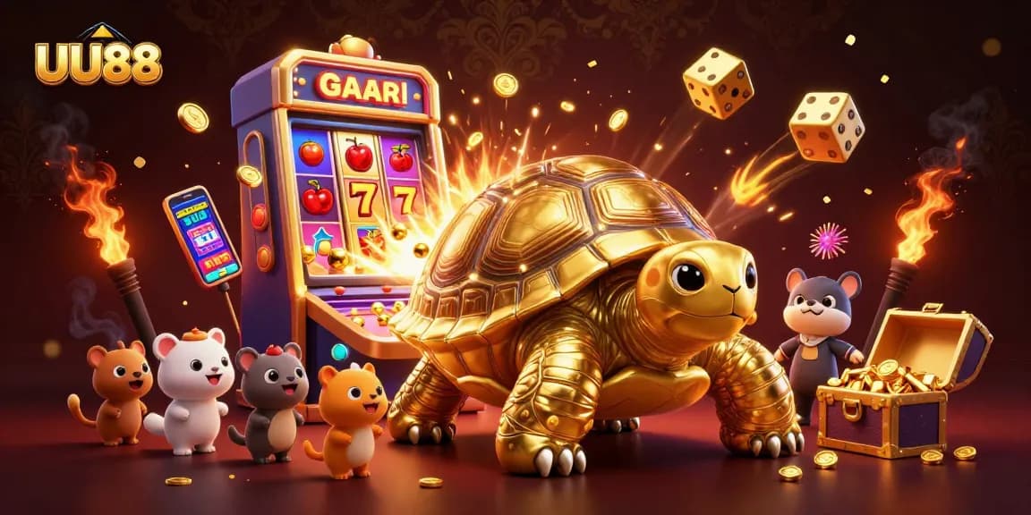Engage with UU88's vibrant casino scene featuring a colossal golden tortoise and bursting slot machines.