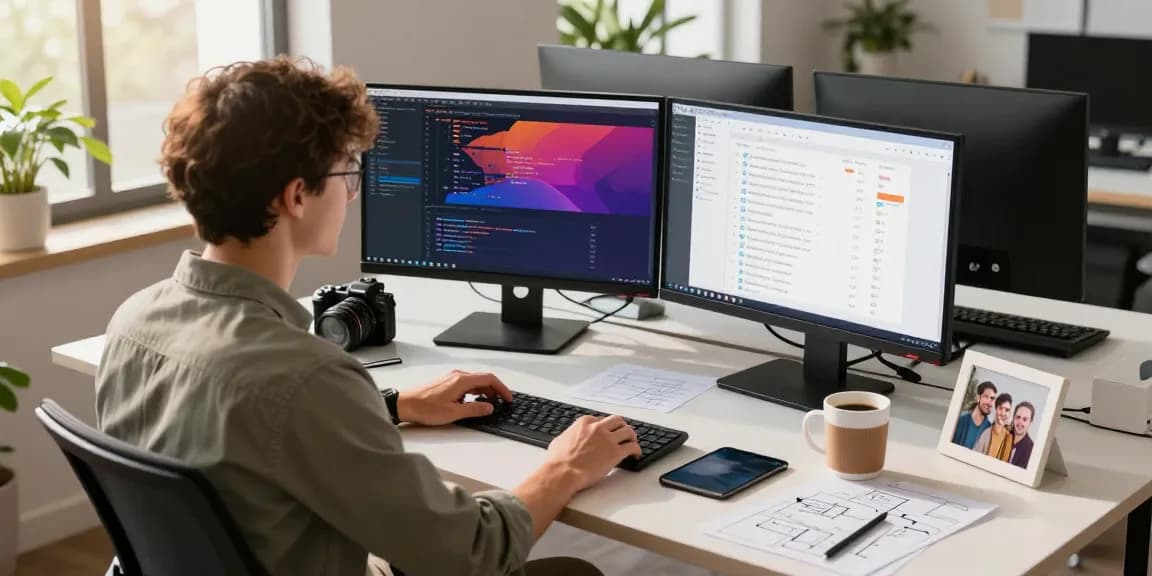 Developer building internal tools with AI in a modern workspace, showcasing coding, project management, and personal elements.
