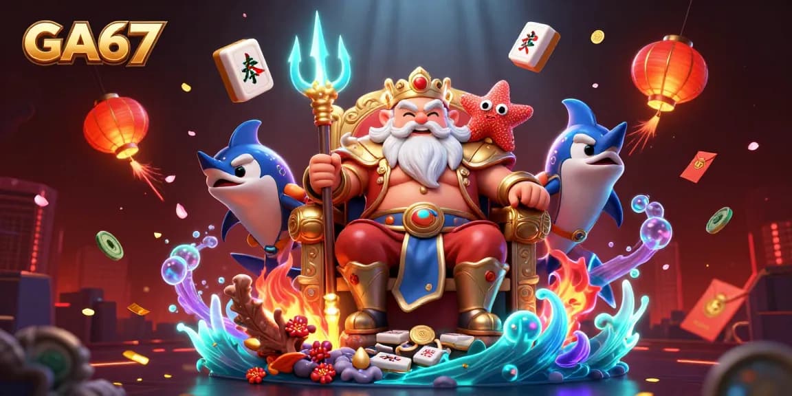 Engage in thrilling cockfighting action at GA67 with Neptune and samurai guardians, vibrant casino elements.