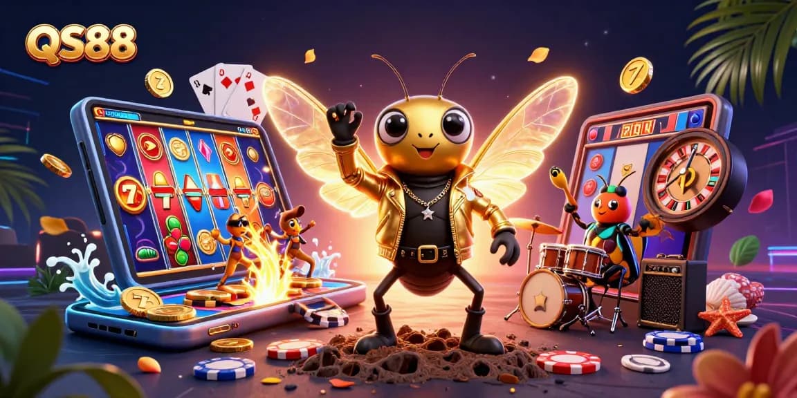 Experience the thrill of QS88 with a vibrant 3D cartoon illustration featuring engaging casino elements.