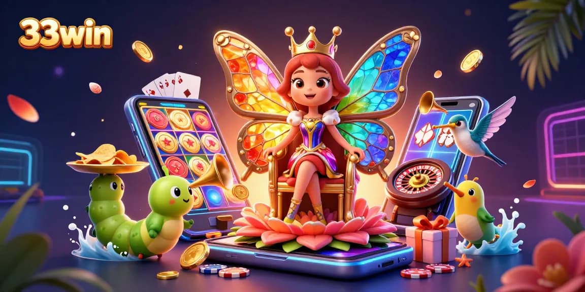 Spin slots and win with 33win's vibrant gaming scene filled with butterflies and treasure.