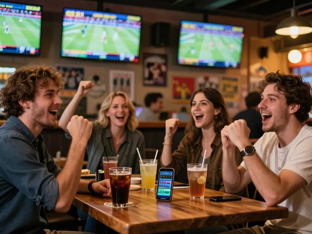 LIGA2000 betting excitement captured in a lively sports bar scene with friends cheering