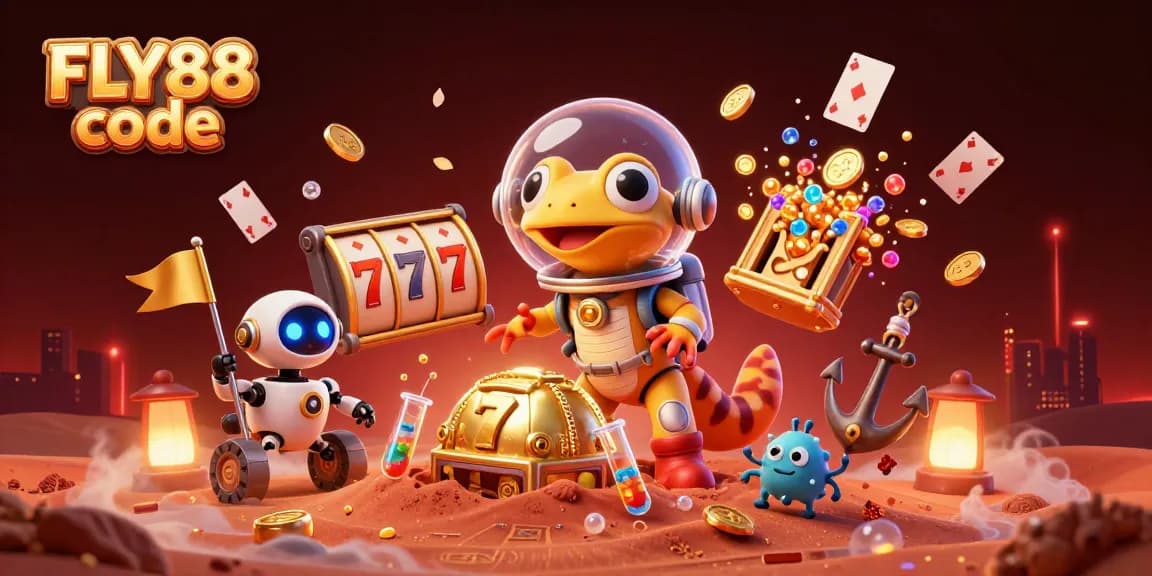 Win big with FLY88 code in a vibrant casino themed illustration featuring cartoon Martian characters and dynamic game elements.