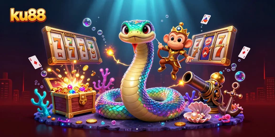 Win big with ku88's vibrant 3D scene featuring a rainbow serpent and playful monkey king.