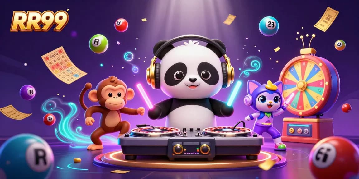 Immerse in RR99's vibrant casino scene with a DJ panda, dancing monkey, and glowing kitten.