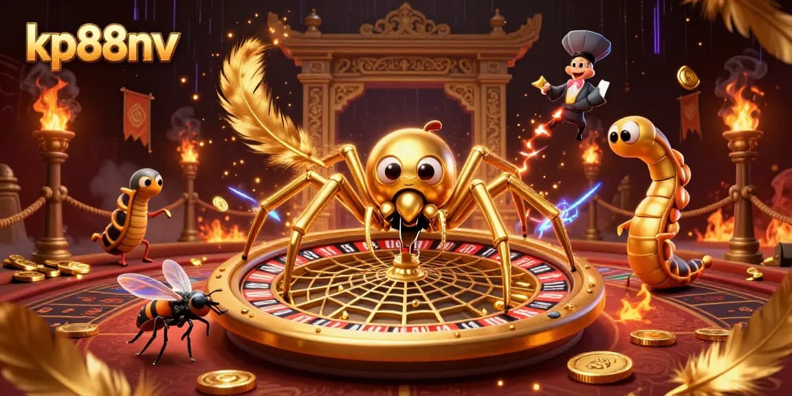 Experience thrilling betting at kp88nv with a golden spider and roulette wheel in a dynamic casino scene.