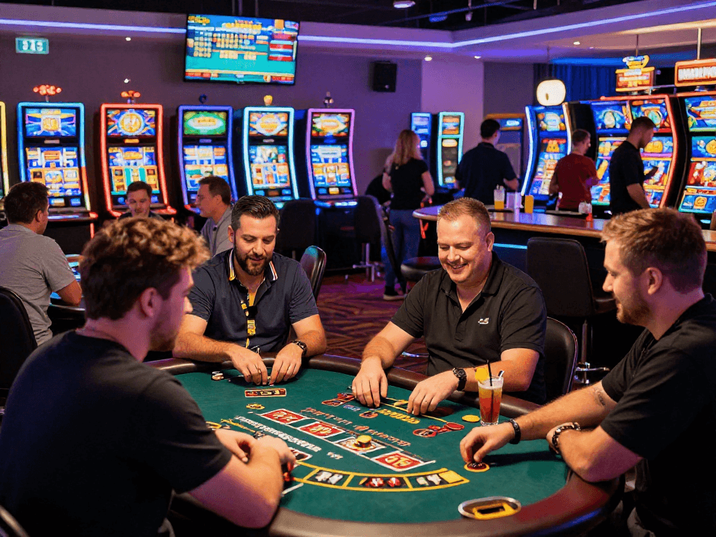 Giocatori felici in un casinò non AAMS mentre si divertono a giochi da tavolo e slot.