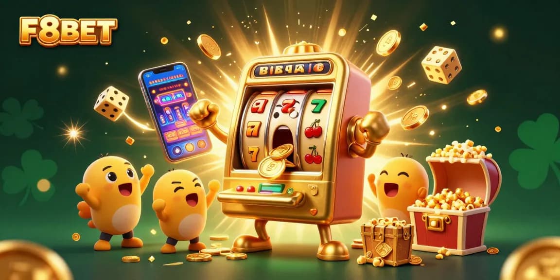 F8BET's golden slot machine celebrates a jackpot win amidst a vibrant casino scene filled with excitement.